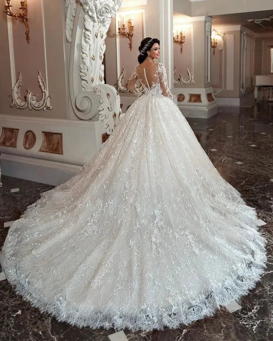 Attractive Long A-Line Bateau Beading Appliques Lace Train Wedding Dress with Sleeves - Image 3