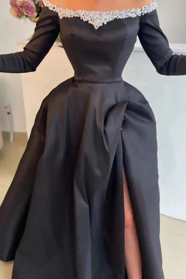 Attractive Long Black Off-the-shoulder A-line Satin Split Front Long Sleeves Prom Dress with Pearls - Image 2