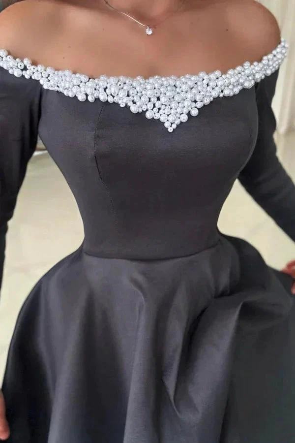 Attractive Long Black Off-the-shoulder A-line Satin Split Front Long Sleeves Prom Dress with Pearls - Image 3