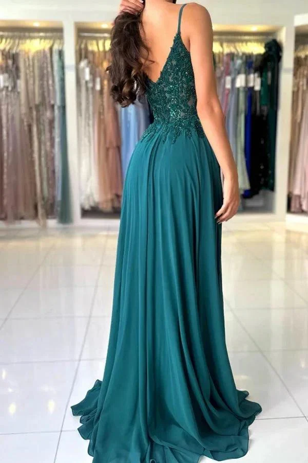 Attractive Long Green A-line Spaghetti Straps Lace Prom Dress with Slit - Image 2