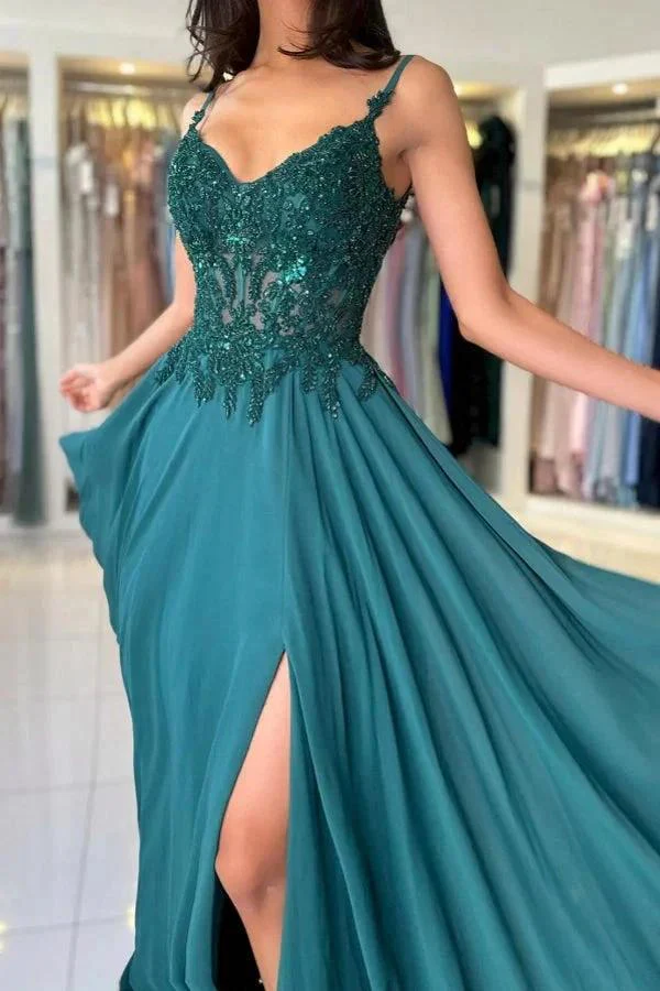 Attractive Long Green A-line Spaghetti Straps Lace Prom Dress with Slit - Image 3