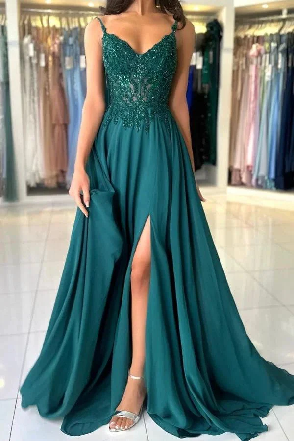 Attractive Long Green A-line Spaghetti Straps Lace Prom Dress with Slit - Image 4