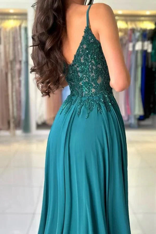 Attractive Long Green A-line Spaghetti Straps Lace Prom Dress with Slit - Image 5