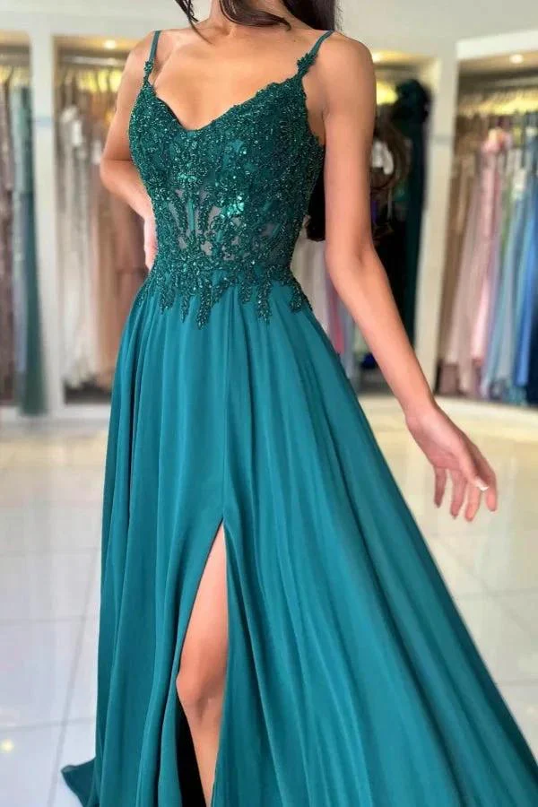 Attractive Long Green A-line Spaghetti Straps Lace Prom Dress with Slit - Image 6