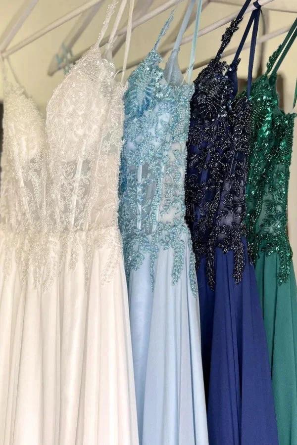 Attractive Long Green A-line Spaghetti Straps Lace Prom Dress with Slit - Image 7