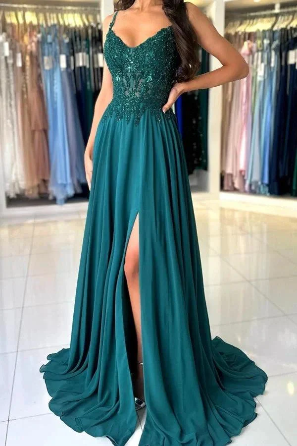 Attractive Long Green A-line Spaghetti Straps Lace Prom Dress with Slit - Image 8