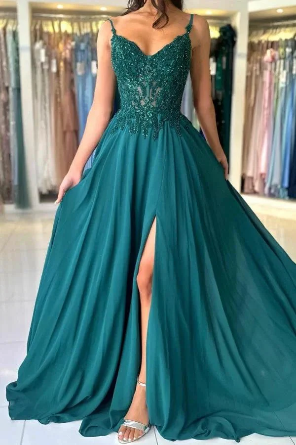 Attractive Long Green A-line Spaghetti Straps Lace Prom Dress with Slit - Image 9