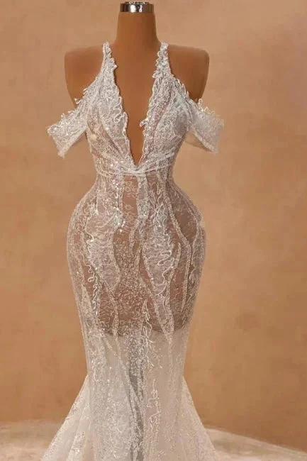 Attractive Long Ivory Halter Off-the-shoulder Mermaid Split Front Prom Dress with Lace - Image 2