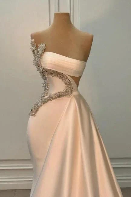 Attractive Long Ivory Strapless Beading Satin Sleeveless Prom Dress - Image 2