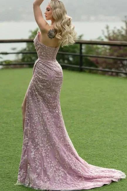 Attractive Long Mermaid Strapless Lace Glitter Sleeveless Prom Dress with Slit - Image 2
