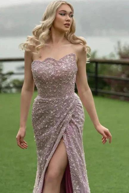 Attractive Long Mermaid Strapless Lace Glitter Sleeveless Prom Dress with Slit - Image 3