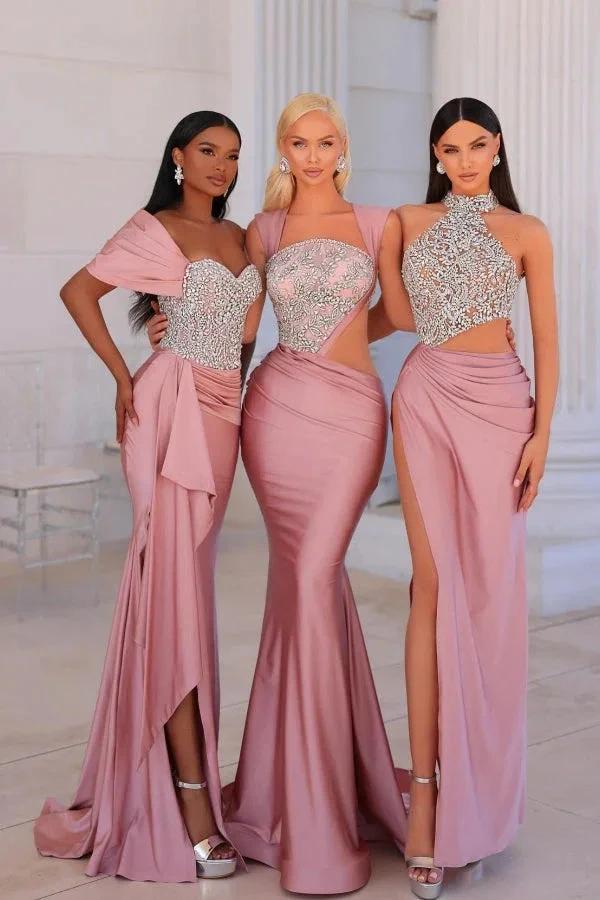 Attractive Long Pink Mermaid Off-the-shoulder Lace Beading Prom Dress with Slit - Image 2