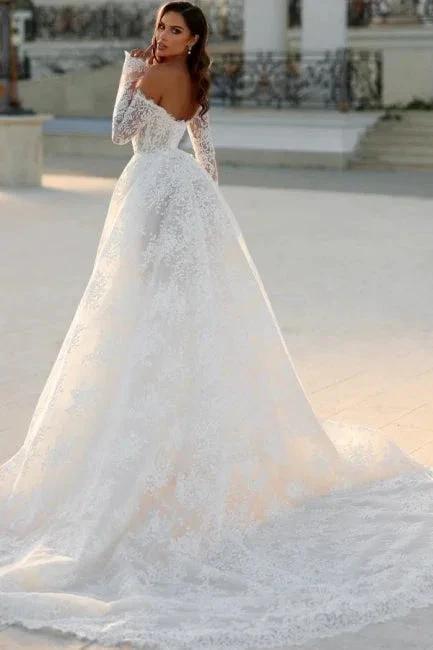 Attractive Long White A-line Off-the-shoulder Lace Wedding Dress with Long Sleeves - Image 2