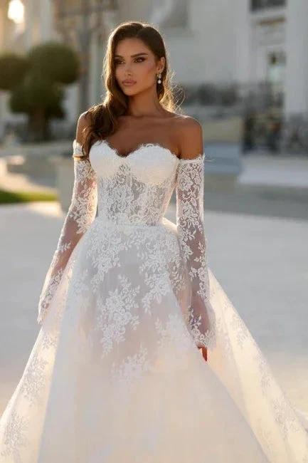 Attractive Long White A-line Off-the-shoulder Lace Wedding Dress with Long Sleeves - Image 3