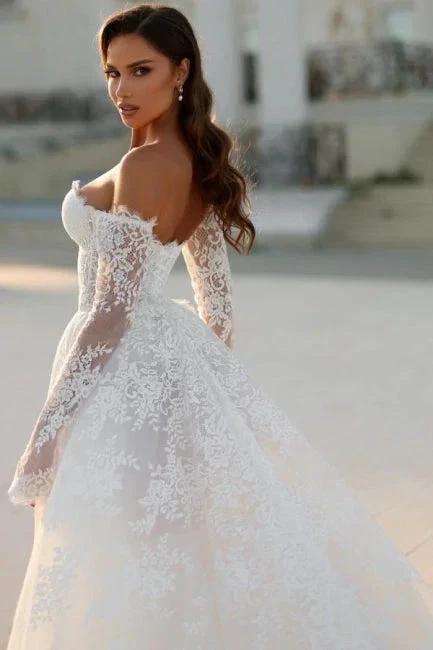 Attractive Long White A-line Off-the-shoulder Lace Wedding Dress with Long Sleeves - Image 4