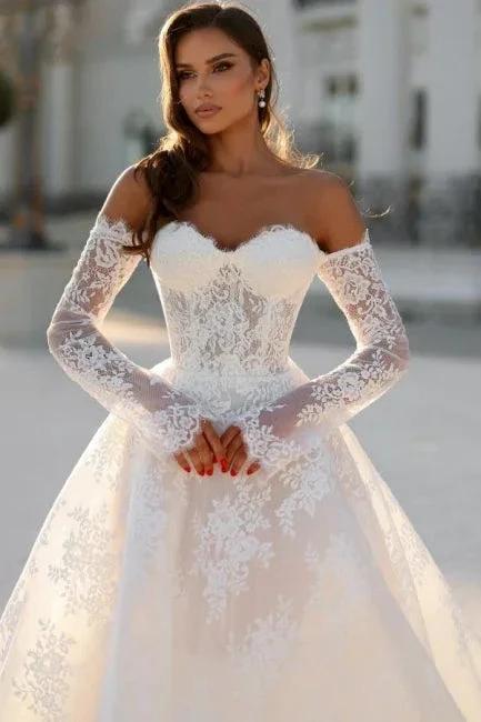 Attractive Long White A-line Off-the-shoulder Lace Wedding Dress with Long Sleeves - Image 5