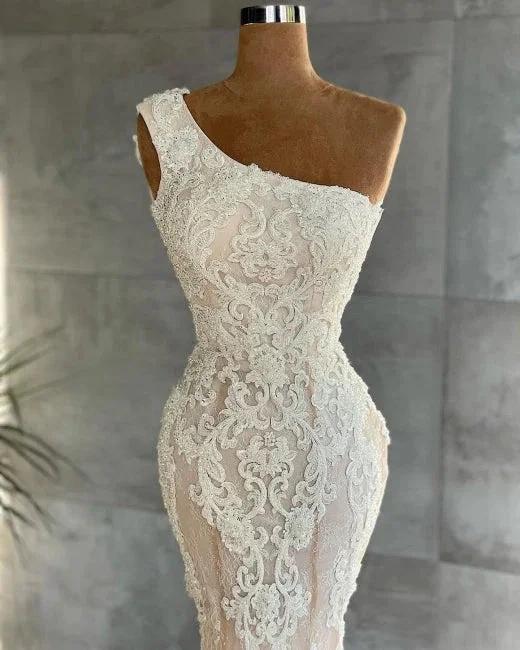 Attractive One Shoulder Appliques Lace Floor-length Mermaid Wedding Dress - Image 2