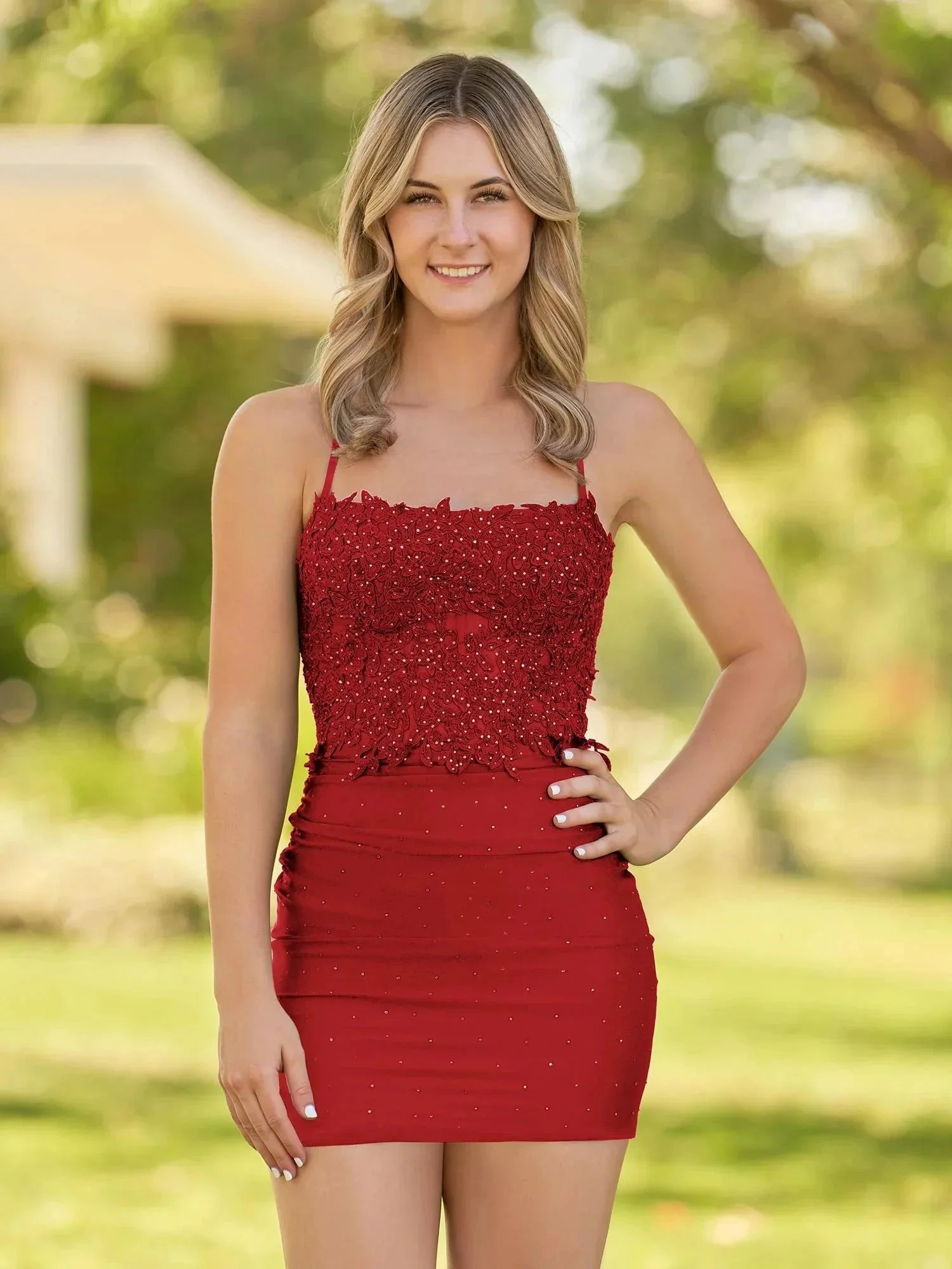 Bodycon Dark Green Spaghetti Straps Short Homecoming Dress with Appliques - Image 5