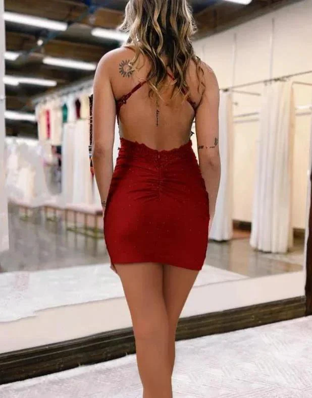 Dark Green Spaghetti Straps Cross Back Short Homecoming Dress - Image 5