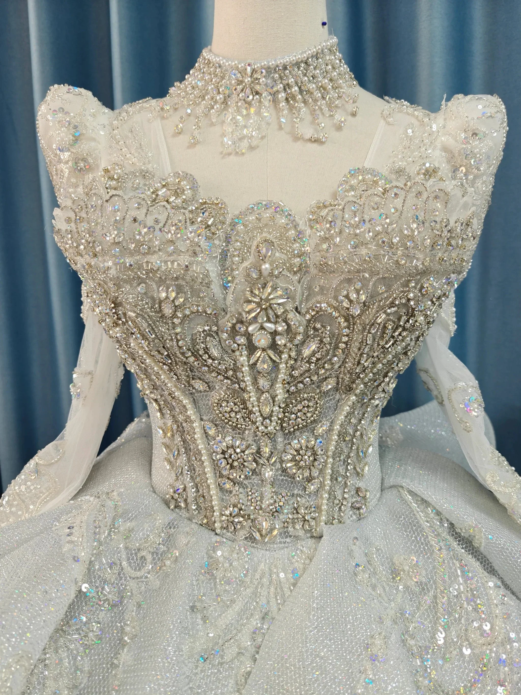 Gorgeous High-Neck Sequin Ball Gown Wedding Dress with Crystal Embroidery & Sheer Long Sleeves Ye-2021 - Image 2