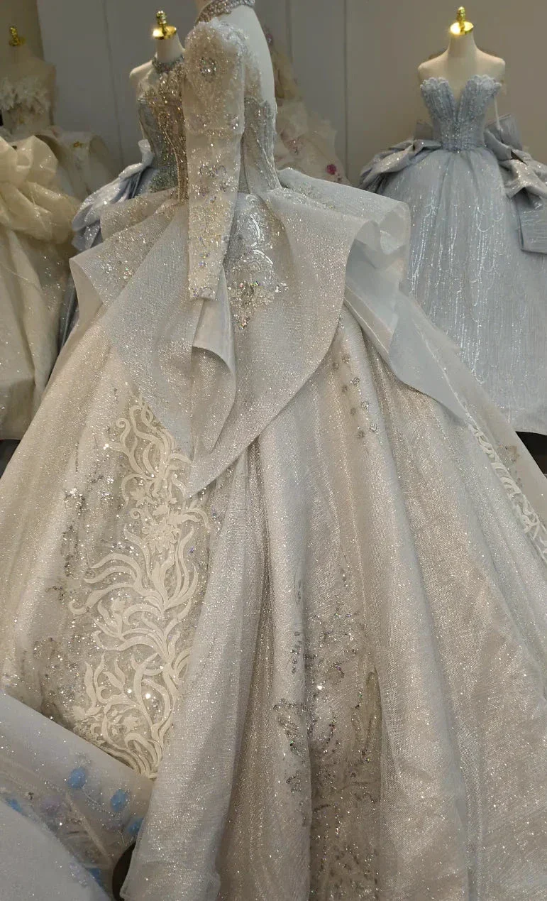 Gorgeous High-Neck Sequin Ball Gown Wedding Dress with Crystal Embroidery & Sheer Long Sleeves Ye-2021 - Image 4