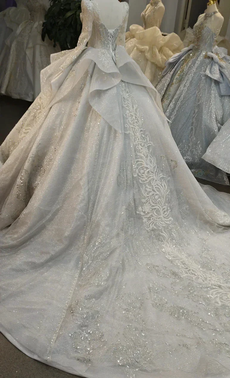 Gorgeous High-Neck Sequin Ball Gown Wedding Dress with Crystal Embroidery & Sheer Long Sleeves Ye-2021 - Image 5