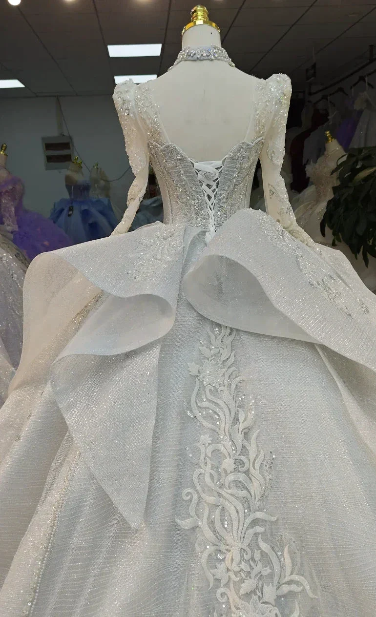 Gorgeous High-Neck Sequin Ball Gown Wedding Dress with Crystal Embroidery & Sheer Long Sleeves Ye-2021 - Image 6