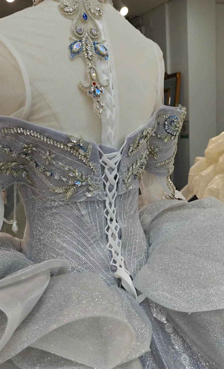 Regal Silver-Gray Off-the-Shoulder Ball Gown Wedding Dress with Crystal Collar, Beaded Embroidery & Tulle Train Ye-2032 - Image 4