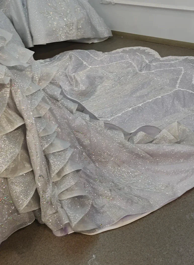 Regal Silver-Gray Off-the-Shoulder Ball Gown Wedding Dress with Crystal Collar, Beaded Embroidery & Tulle Train Ye-2032 - Image 6