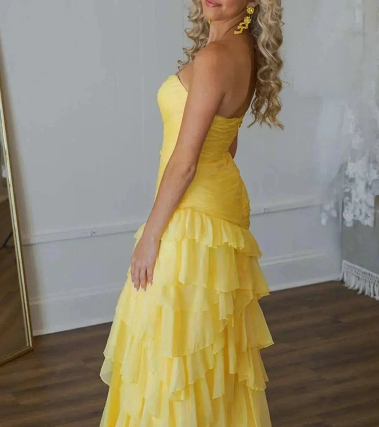 Aurora | Ruched Ruffle Fitted Yellow Long Prom Dress with Slit - Image 2