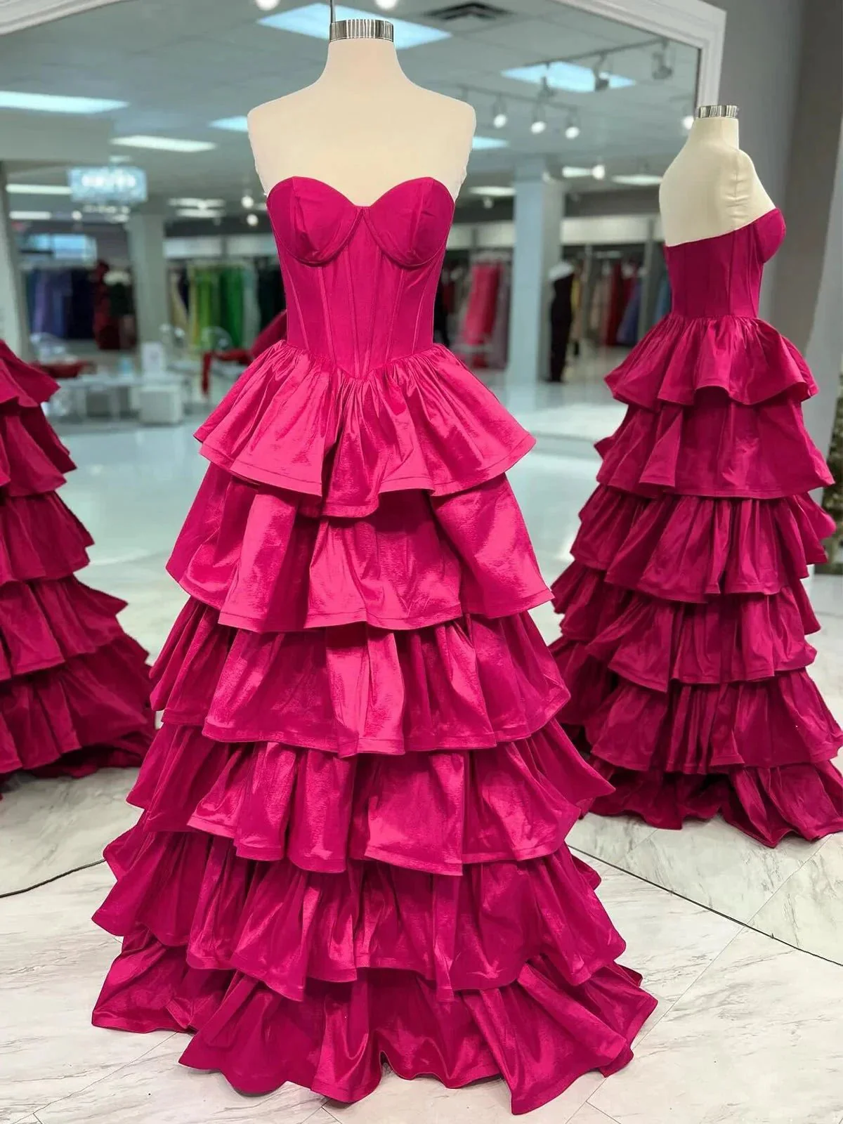 Ausha | Sweetheart Fuchsia Ruffles A-line Prom Dresses - Image 2
