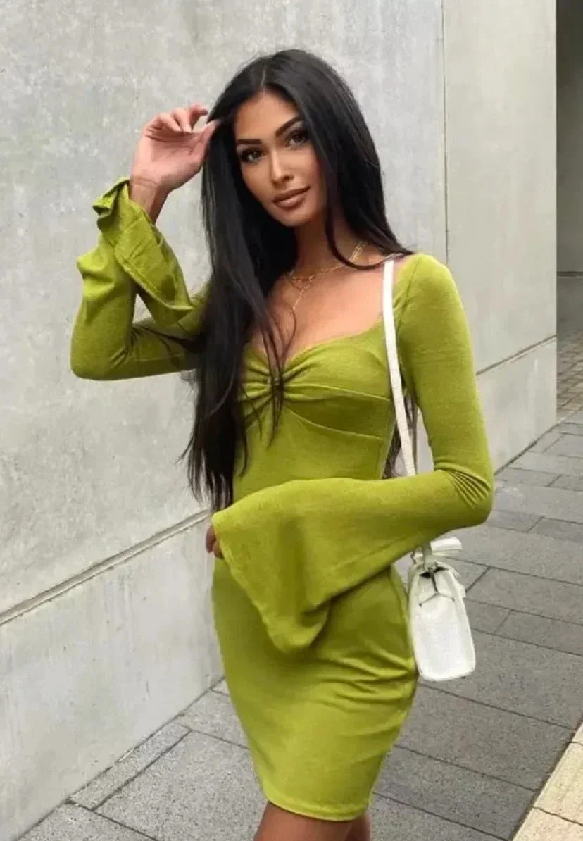 Autumn women's fashion trumpet sleeve square collar sexy low-cut body-fitting women's homecoming dress Y2967 - Image 3