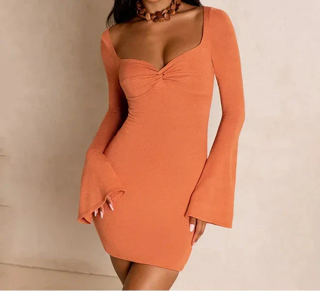 Autumn women's fashion trumpet sleeve square collar sexy low-cut body-fitting women's homecoming dress Y2967 - Image 6