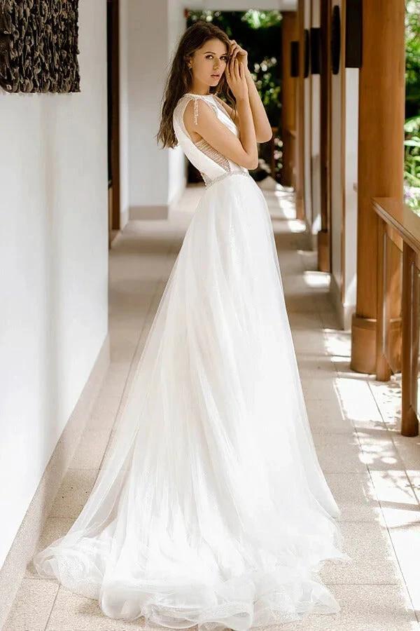 Awesome Long A-line Beading Tulle Open Back Wedding Dress - Image 2