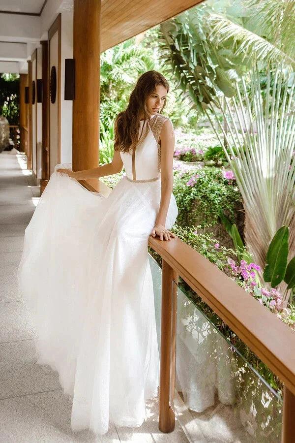 Awesome Long A-line Beading Tulle Open Back Wedding Dress - Image 3