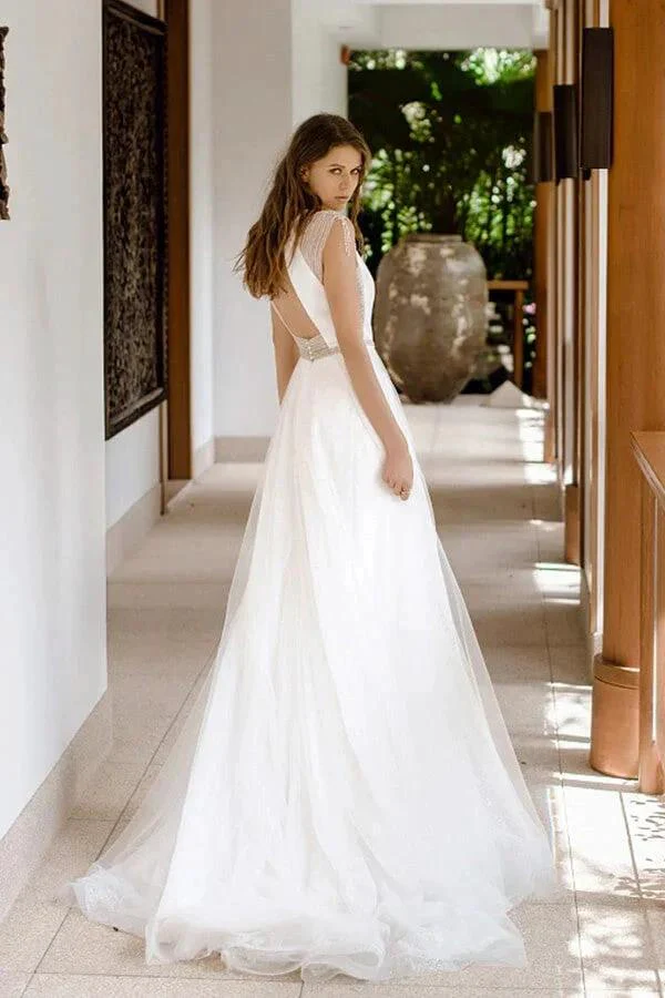 Awesome Long A-line Beading Tulle Open Back Wedding Dress - Image 4