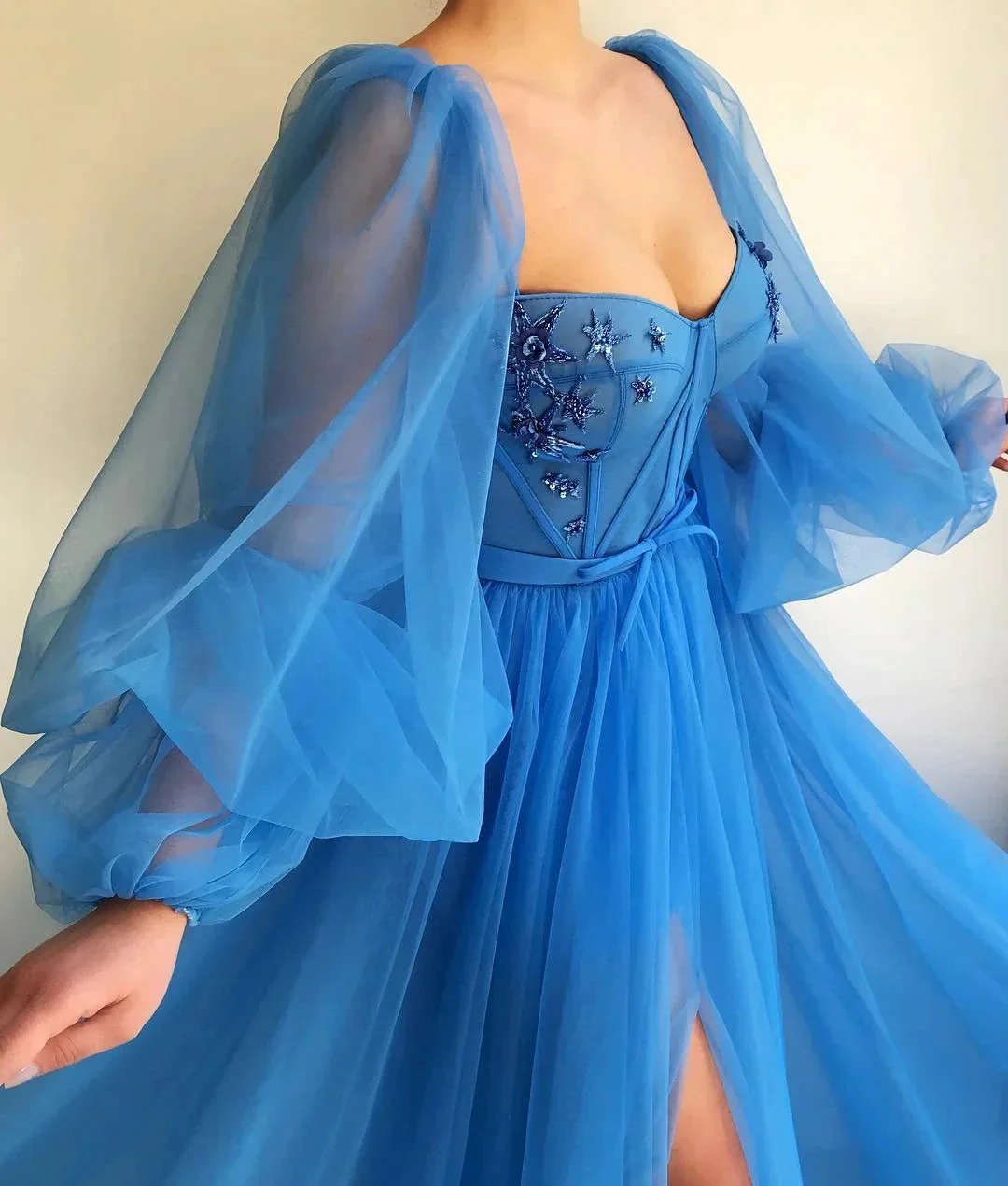Awesome Long A-line Sweetheart Tulle Front Slit Prom Dress with Sleeves - Image 2