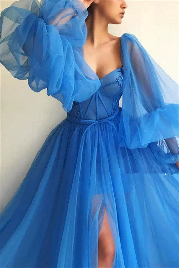 Awesome Long A-line Sweetheart Tulle Front Slit Prom Dress with Sleeves - Image 3