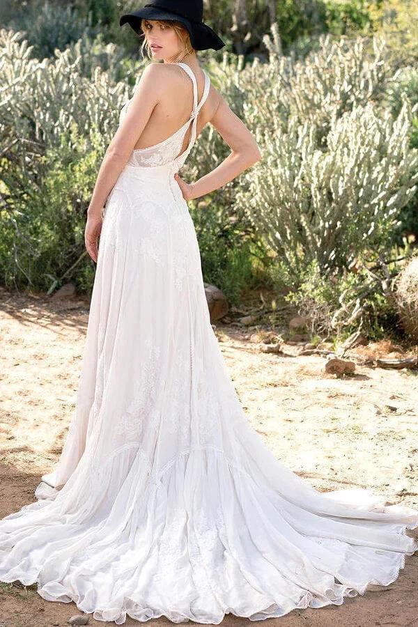 Awesome Long A-line V-neck Lace Chiffon Open Back Wedding Dress - Image 2