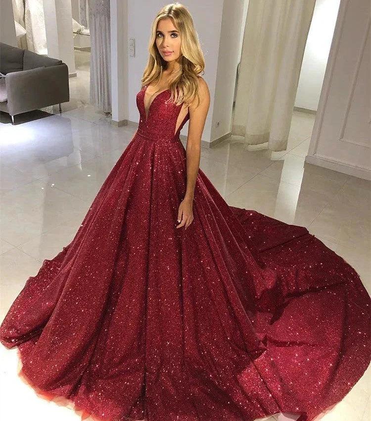 Long A-line V-neck Sequined Open Back Prom Dress - Image 2