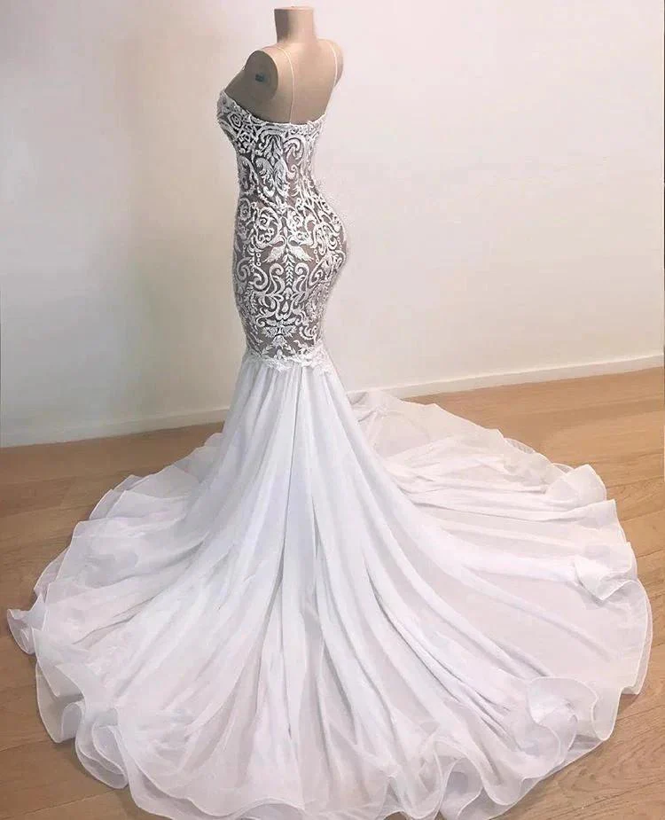 Awesome Long Mermaid Sweetheart Tulle Lace White Prom Dress - Image 2