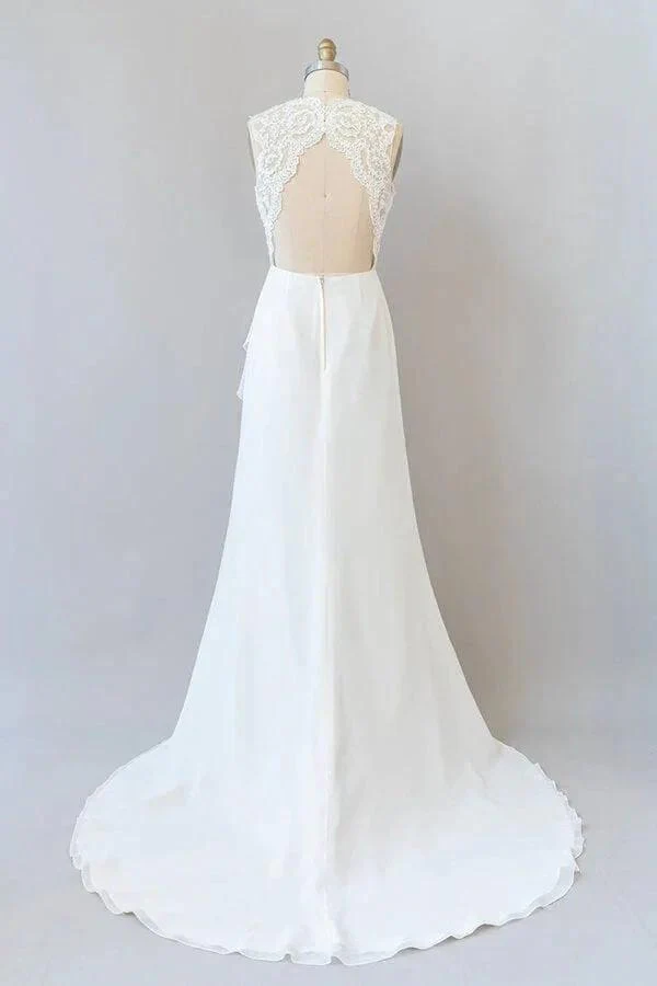 Awesome Long Sheath Lace Chiffon Backless Wedding Dress - Image 2