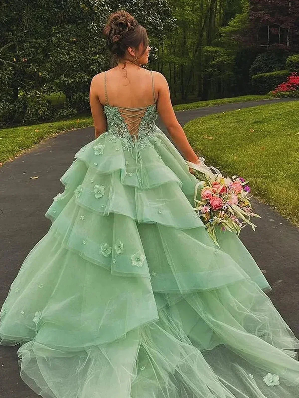 Azurena | Ball Gown Sweetheart Sage Green Tulle Long Prom Dresses with Appliques - Image 2