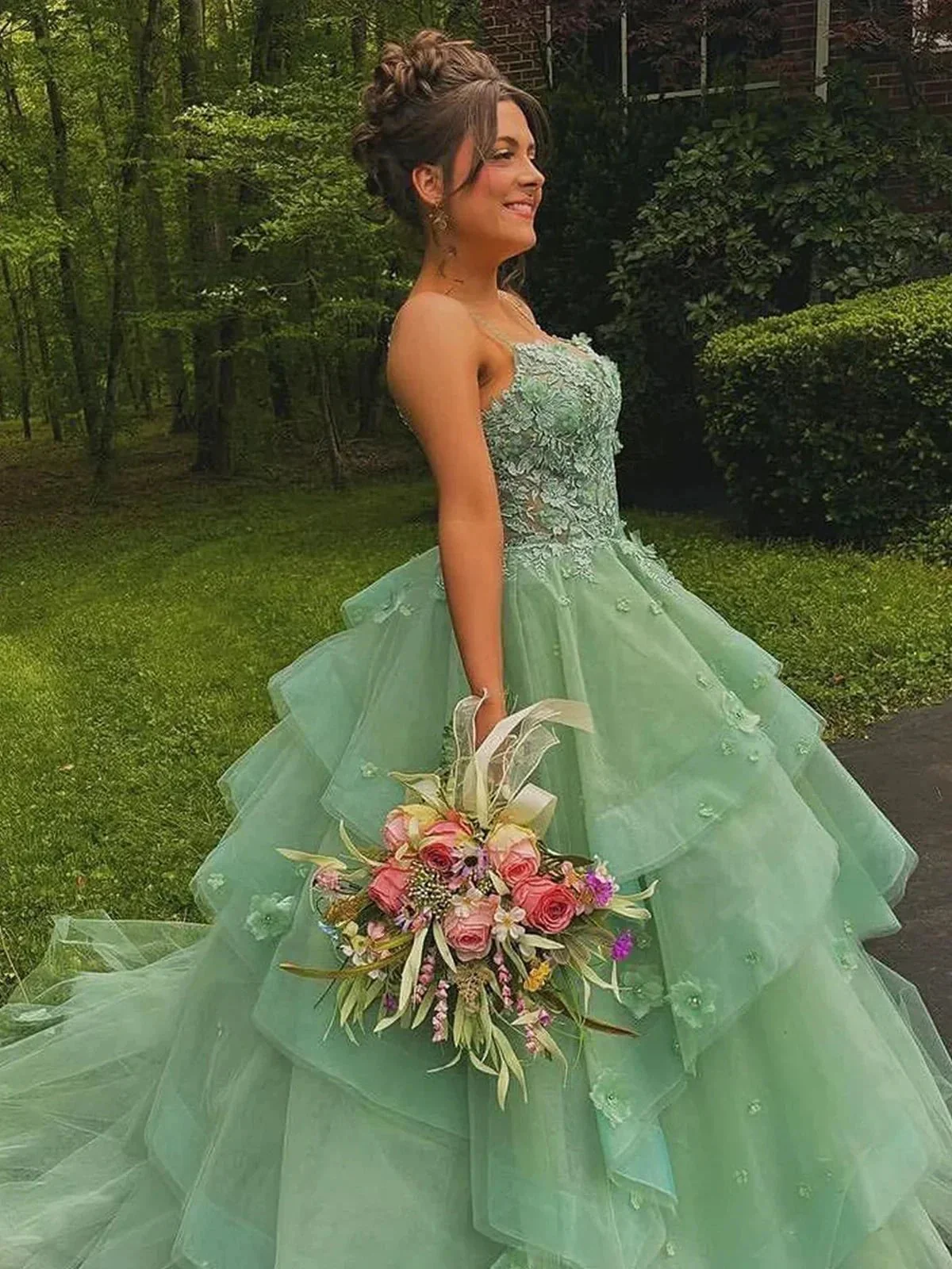Azurena | Ball Gown Sweetheart Sage Green Tulle Long Prom Dresses with Appliques - Image 3