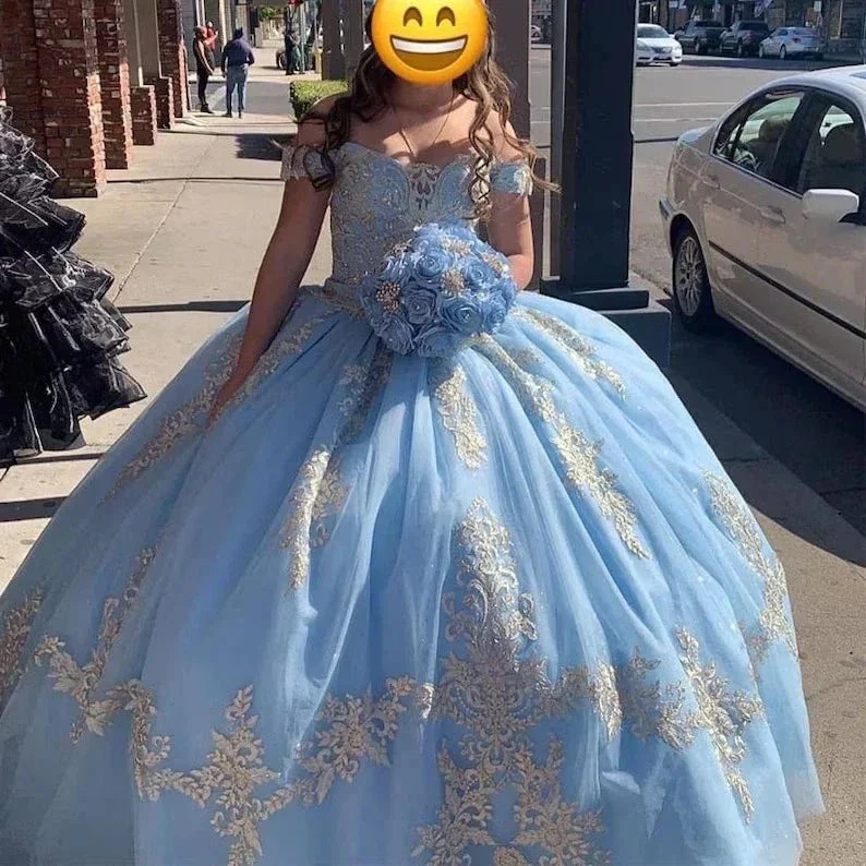 Baby Blue Ball Gown Quinceanera Dresses Off the Shoulder with Sleeves Sweet 16 Birthday Party Gowns Y403 - Image 2