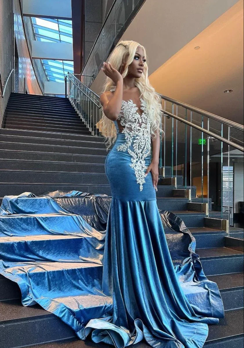 Baby Blue Mermaid Lace African Prom Dress Evening Dress Y4253 - Image 2