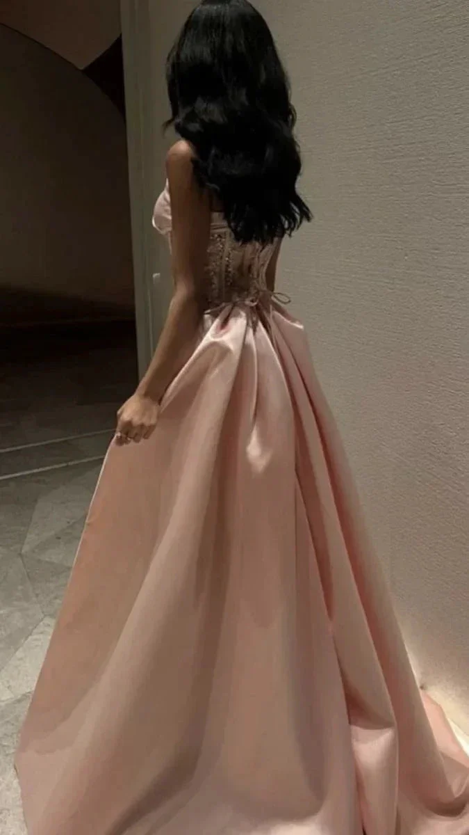 Baby Pink Satin Strapless Saudi Arabia Corset Sparkly Sequins Dubai  Evening Dress Formal Party Dress Y4887 - Image 2