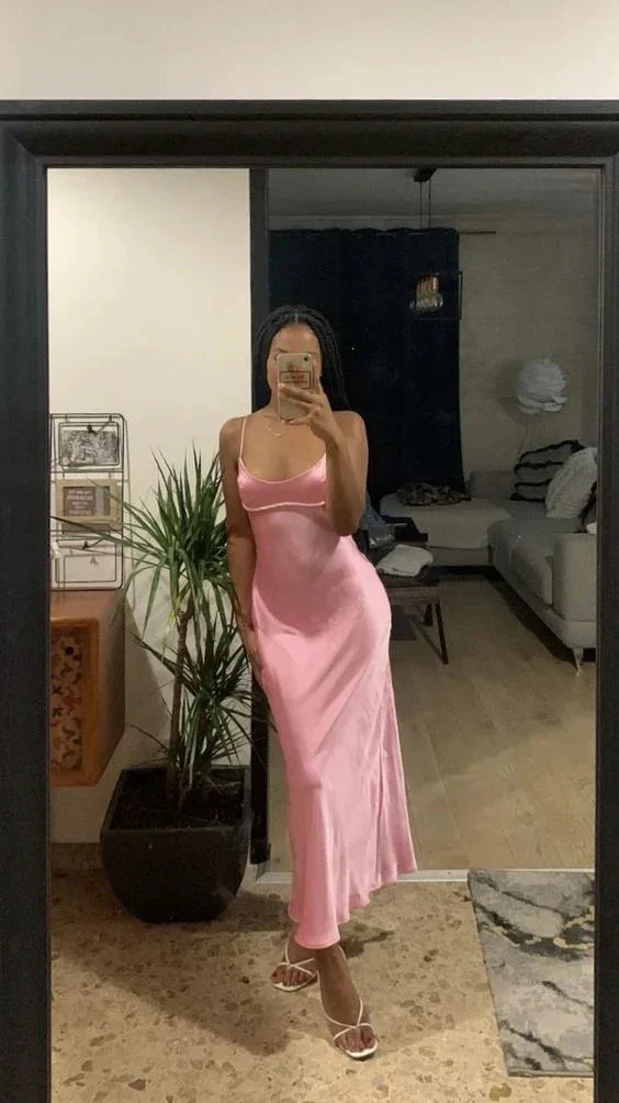 Baby Pink Spaghetti Straps Prom Dress Simple Evening Dress Y6538 - Image 2