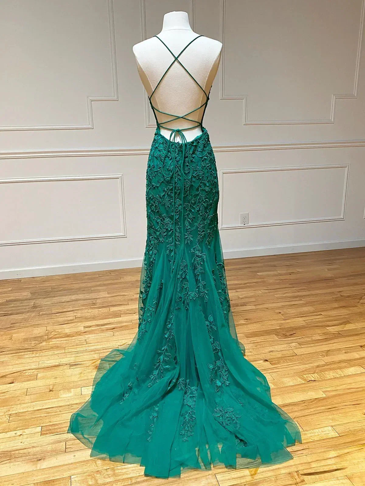 Backless Green Mermaid Lace Prom Dresses, Open Back Green Lace Mermaid Formal Evening Dresses Y1365 - Image 2