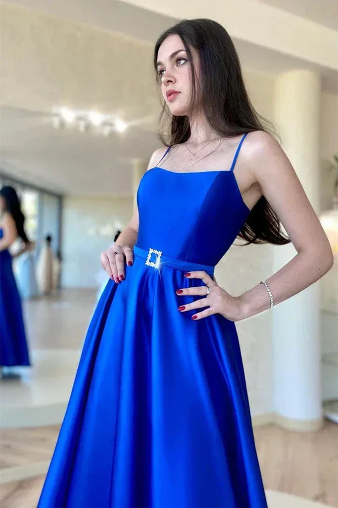 Backless Royal Blue Satin Long Prom Dress with High Slit, Backless Blue Formal Graduation Evening Dress Y203 - Image 2